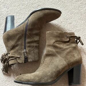 Suede Tassel Block Heel Ankle Boot - Olive